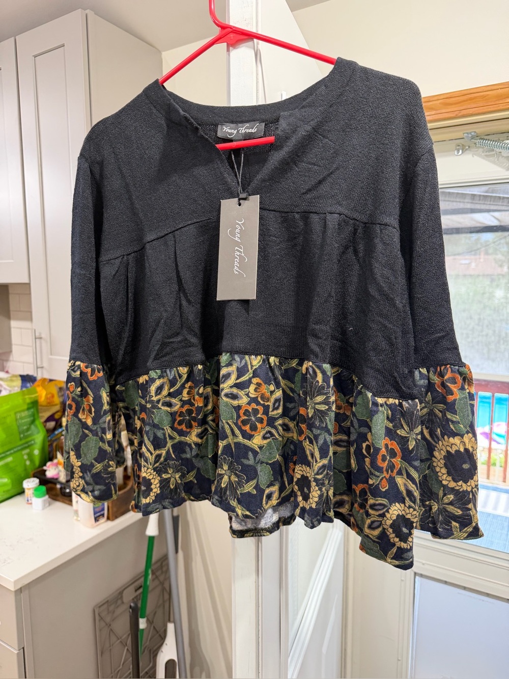 Young Threads Black Floral-Trim Peasant Blouse